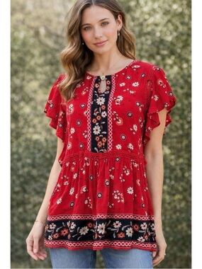 J. Jill Cherry Red Boho Peplum Peasant Top w Ruffled Sleeves Sz XS Floral Spring